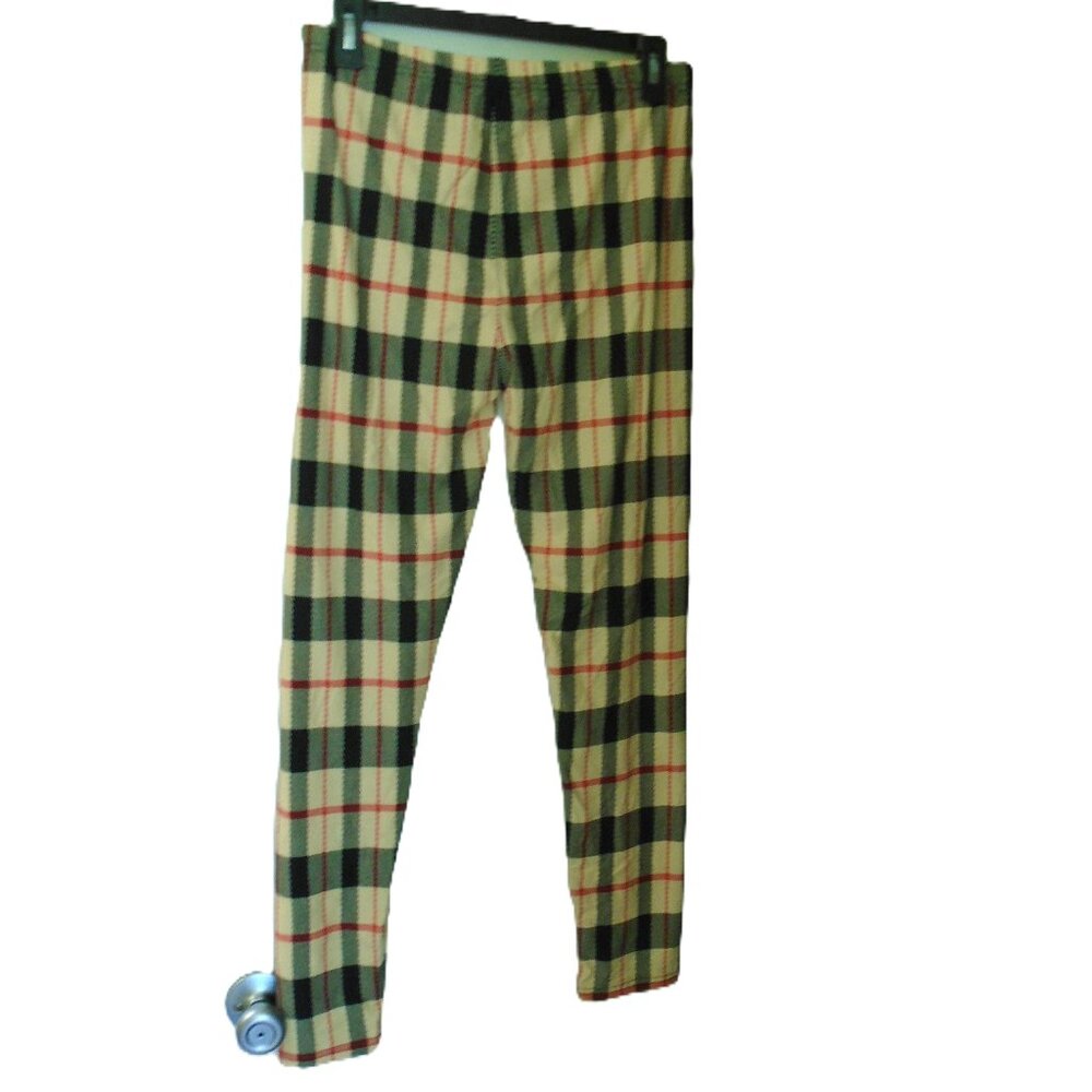 NEW BEIGE RED BLACK PLAID SOFT WOMENS LEGGINGS PANTS SIZE XL